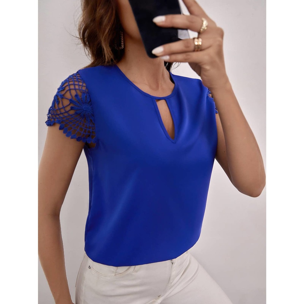 Keyhole short sleeve Guipure Lace Blouse maroon red - Picture 3 of 8